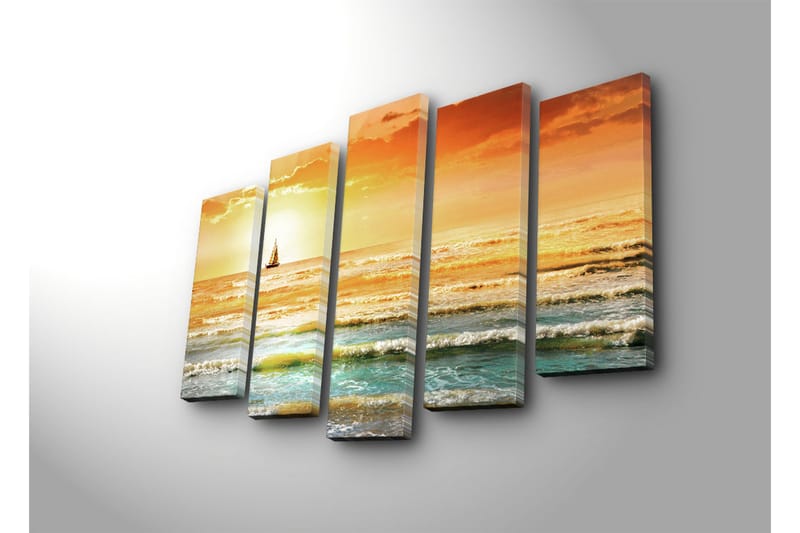 Stor Canvastavla i 5 delar 105x70 cm - Segelbåt på ett glittrande hav i solnedgångens färger - Orange / Blå / Guld - Inredning & dekor - Tavlor & konst - Canvastavla