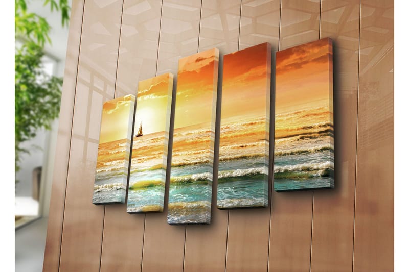Stor Canvastavla i 5 delar 105x70 cm - Segelbåt på ett glittrande hav i solnedgångens färger - Orange / Blå / Guld - Inredning & dekor - Tavlor & konst - Canvastavla