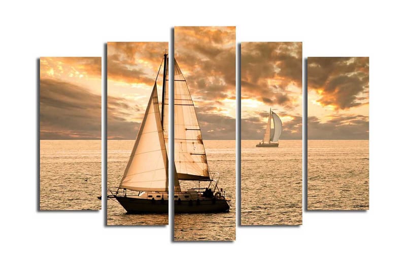Stor Canvastavla i 5 delar 105x70 cm - Segelbåtar på en spegelblanka havsytan under en gyllene solnedgång - Guld / Orange / Beige - Inredning & dekor - Tavlor & konst - Canvastavla