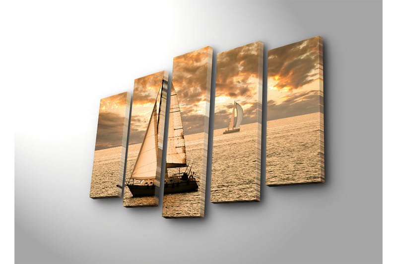 Stor Canvastavla i 5 delar 105x70 cm - Segelbåtar på en spegelblanka havsytan under en gyllene solnedgång - Guld / Orange / Beige - Inredning & dekor - Tavlor & konst - Canvastavla