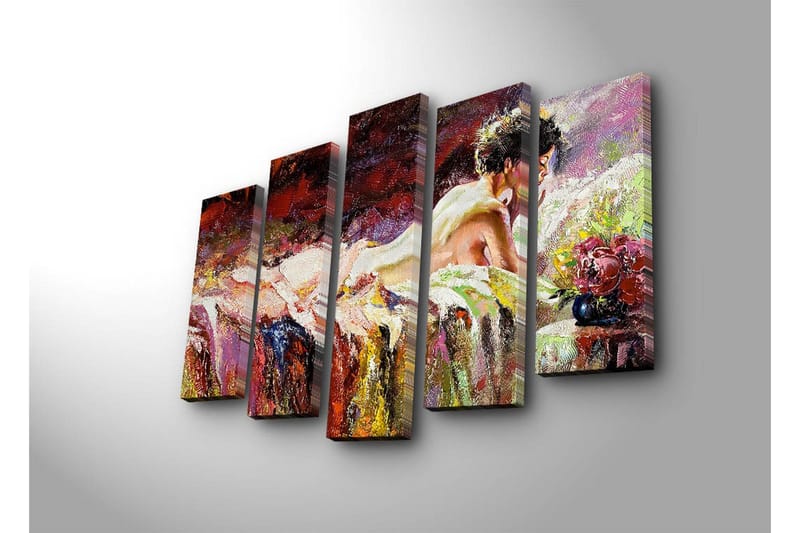 Stor Canvastavla i 5 delar 105x70 cm - Sensuell kvinna som vilar på en säng med blommor i närheten - Röd / Lila / Beige - Inredning & dekor - Tavlor & konst - Canvastavla