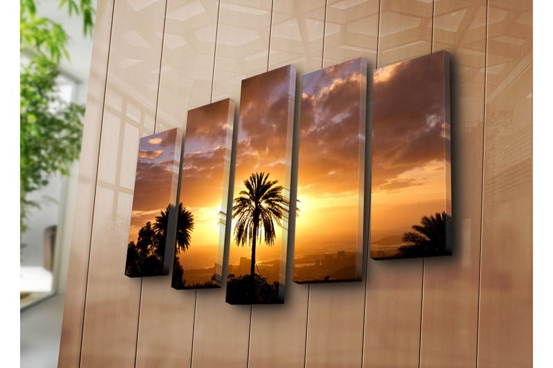 Stor Canvastavla i 5 delar 105x70 cm - Silhuett av palmer mot en solnedgång i varma toner - Orange / Guld / Svart - Inredning & dekor - Tavlor & konst - Canvastavla