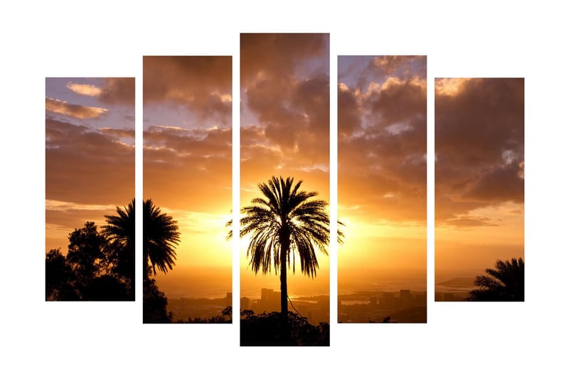 Stor Canvastavla i 5 delar 105x70 cm - Silhuett av palmer mot en solnedgång i varma toner - Orange / Guld / Svart - Inredning & dekor - Tavlor & konst - Canvastavla