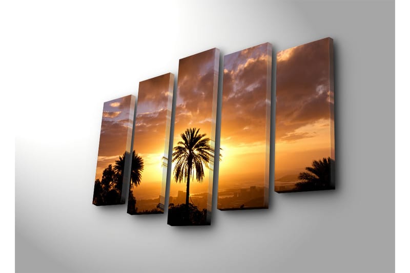 Stor Canvastavla i 5 delar 105x70 cm - Silhuett av palmer mot en solnedgång i varma toner - Orange / Guld / Svart - Inredning & dekor - Tavlor & konst - Canvastavla