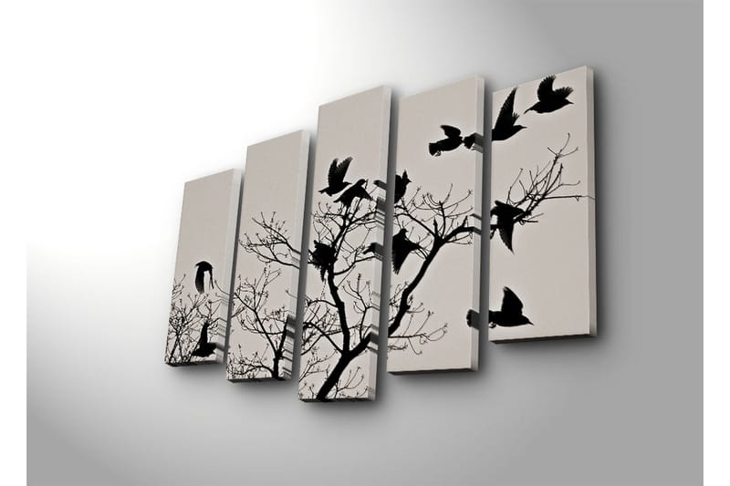 Stor Canvastavla i 5 delar 105x70 cm - Silhuetter av fåglar som flyger från en gren - Svart / Grå - Inredning & dekor - Tavlor & konst - Canvastavla