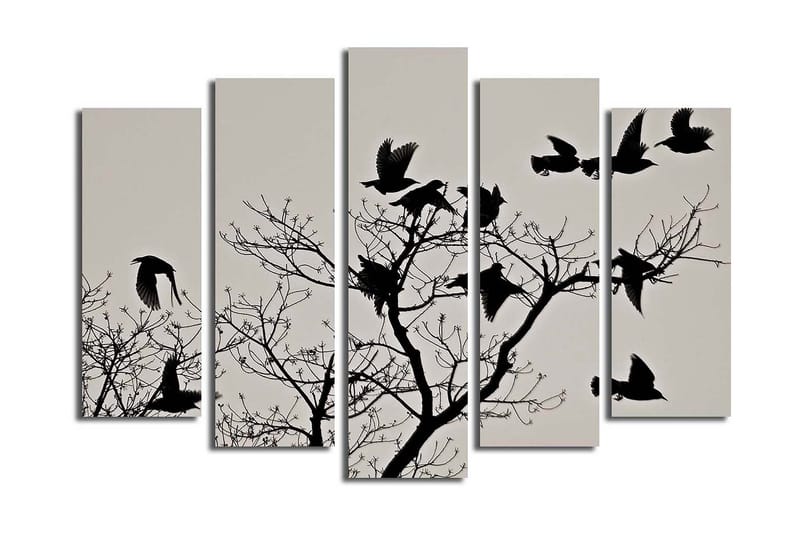 Stor Canvastavla i 5 delar 105x70 cm - Silhuetter av fåglar som flyger från en gren - Svart / Grå - Inredning & dekor - Tavlor & konst - Canvastavla