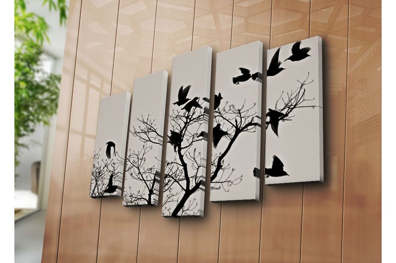 Stor Canvastavla i 5 delar 105x70 cm - Silhuetter av fåglar som flyger från en gren - Svart / Grå - Inredning & dekor - Tavlor & konst - Canvastavla