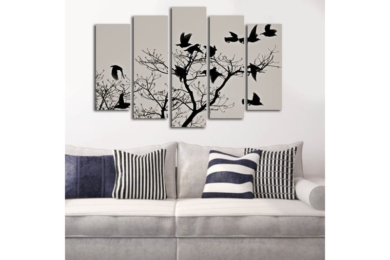 Stor Canvastavla i 5 delar 105x70 cm - Silhuetter av fåglar som flyger från en gren - Svart / Grå - Inredning & dekor - Tavlor & konst - Canvastavla