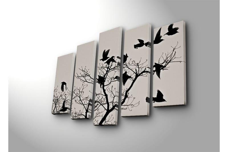 Stor Canvastavla i 5 delar 105x70 cm - Silhuetter av fåglar som flyger från en gren - Svart / Grå - Inredning & dekor - Tavlor & konst - Canvastavla