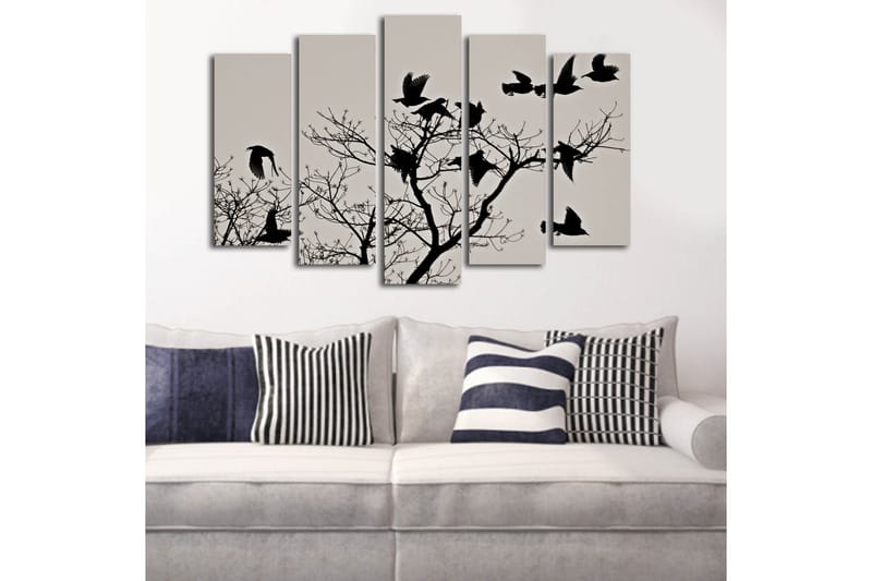 Stor Canvastavla i 5 delar 105x70 cm - Silhuetter av fåglar som flyger från en gren - Svart / Grå - Inredning & dekor - Tavlor & konst - Canvastavla