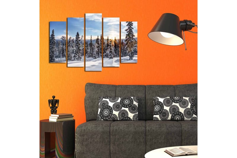 Stor Canvastavla i 5 delar 105x70 cm - Snöklädda granar i en vinterlandskap med soluppgång - Vit / Blå / Grön - Inredning & dekor - Tavlor & konst - Canvastavla