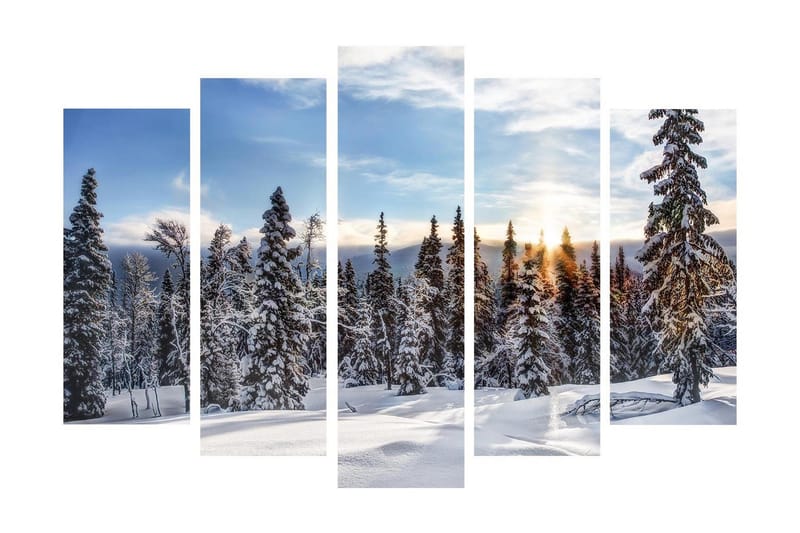 Stor Canvastavla i 5 delar 105x70 cm - Snöklädda granar i en vinterlandskap med soluppgång - Vit / Blå / Grön - Inredning & dekor - Tavlor & konst - Canvastavla
