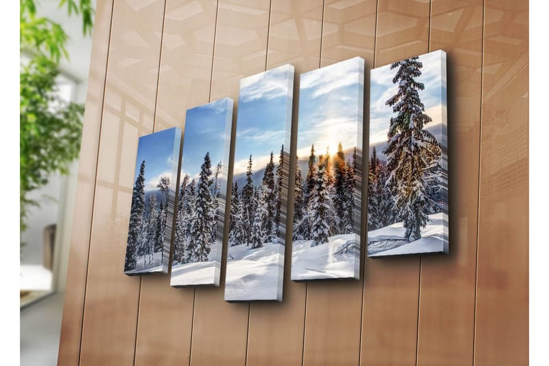 Stor Canvastavla i 5 delar 105x70 cm - Snöklädda granar i en vinterlandskap med soluppgång - Vit / Blå / Grön - Inredning & dekor - Tavlor & konst - Canvastavla