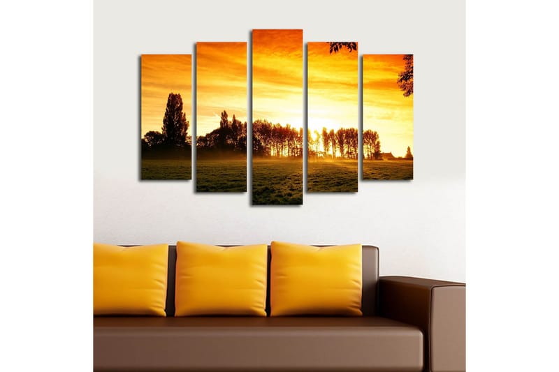 Stor Canvastavla i 5 delar 105x70 cm - Solnedgång bakom silhuetter av träd - Orange / Guld / Svart - Inredning & dekor - Tavlor & konst - Canvastavla