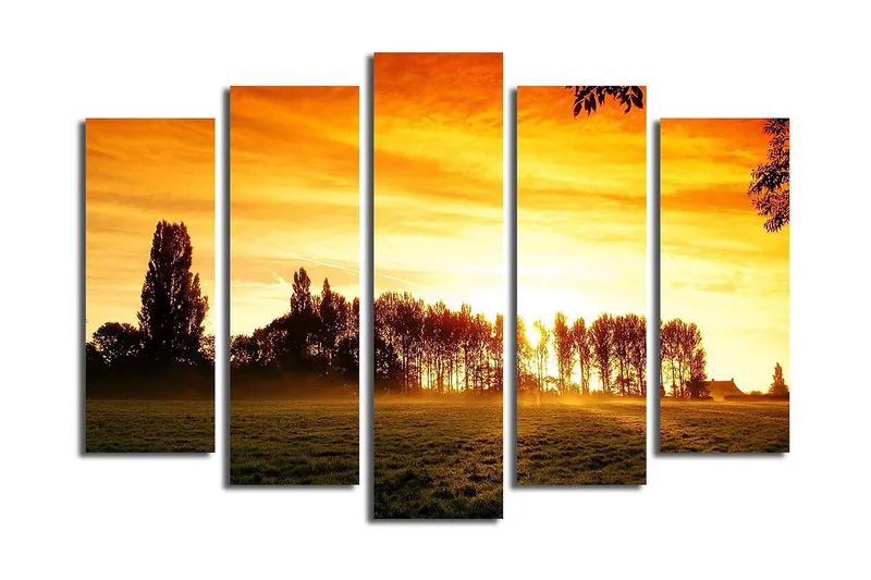 Stor Canvastavla i 5 delar 105x70 cm - Solnedgång bakom silhuetter av träd - Orange / Guld / Svart - Inredning & dekor - Tavlor & konst - Canvastavla