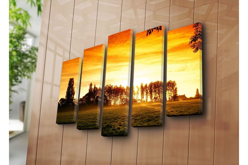 Stor Canvastavla i 5 delar 105x70 cm - Solnedgång bakom silhuetter av träd - Orange / Guld / Svart - Inredning & dekor - Tavlor & konst - Canvastavla