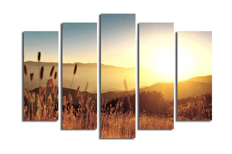 Stor Canvastavla i 5 delar 105x70 cm - Solnedgång över böljande landskap med grässtrån i förgrunden - Guld / Orange / Blå - Inredning & dekor - Tavlor & konst - Canvastavla