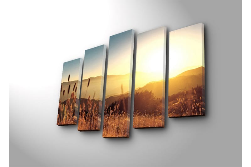 Stor Canvastavla i 5 delar 105x70 cm - Solnedgång över böljande landskap med grässtrån i förgrunden - Guld / Orange / Blå - Inredning & dekor - Tavlor & konst - Canvastavla