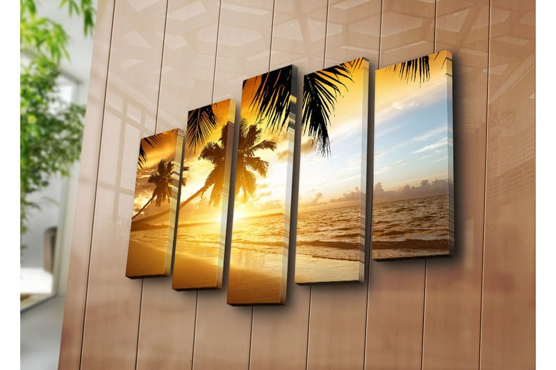 Stor Canvastavla i 5 delar 105x70 cm - Solnedgång över en strand med palmer - Guld / Orange / Blå - Inredning & dekor - Tavlor & konst - Canvastavla