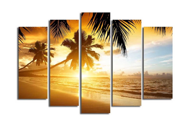 Stor Canvastavla i 5 delar 105x70 cm - Solnedgång över en strand med palmer - Guld / Orange / Blå - Inredning & dekor - Tavlor & konst - Canvastavla