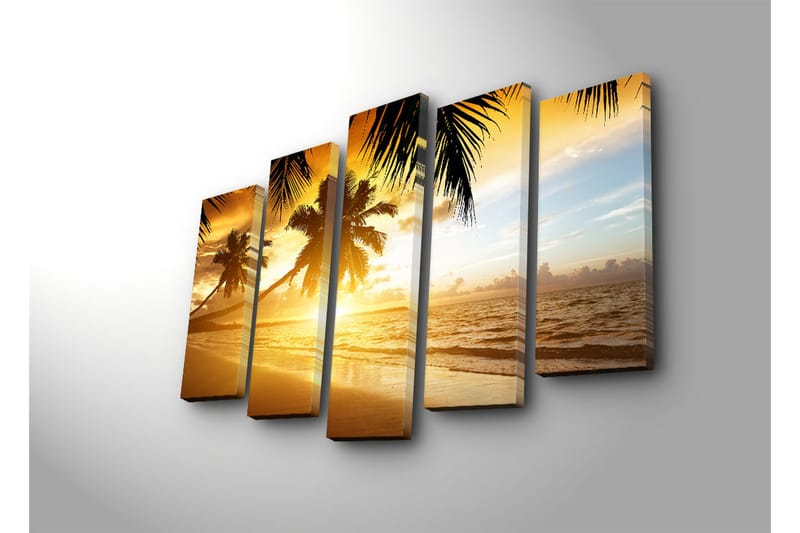 Stor Canvastavla i 5 delar 105x70 cm - Solnedgång över en strand med palmer - Guld / Orange / Blå - Inredning & dekor - Tavlor & konst - Canvastavla
