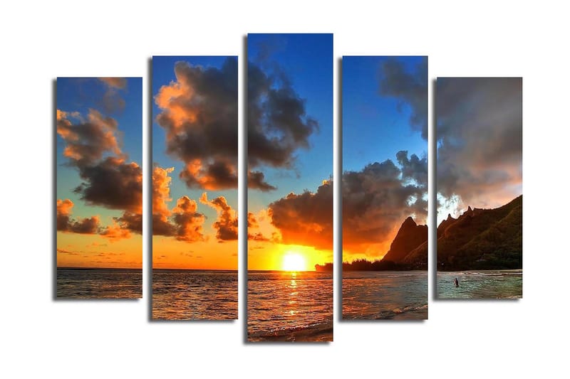 Stor Canvastavla i 5 delar 105x70 cm - Solnedgång över havet med dramatiska molnformationer - Orange / Blå / Grå - Inredning & dekor - Tavlor & konst - Canvastavla