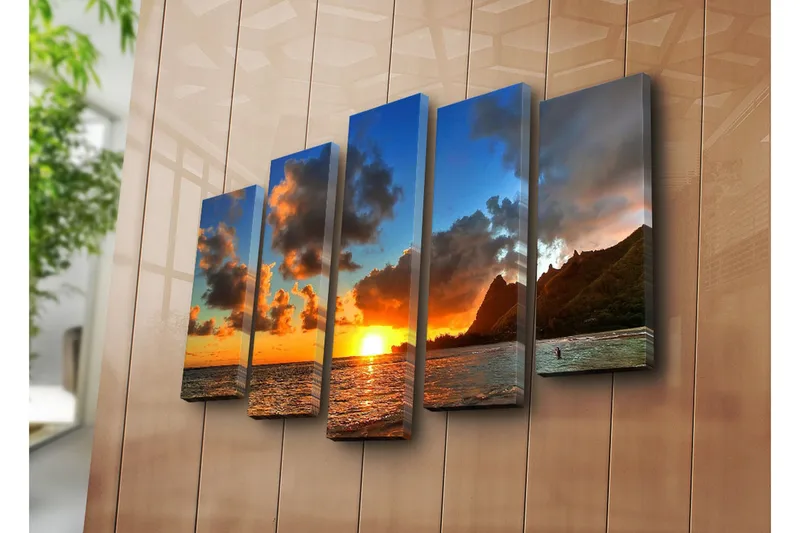 Stor Canvastavla i 5 delar 105x70 cm - Solnedgång över havet med dramatiska molnformationer - Orange / Blå / Grå - Inredning & dekor - Tavlor & konst - Canvastavla