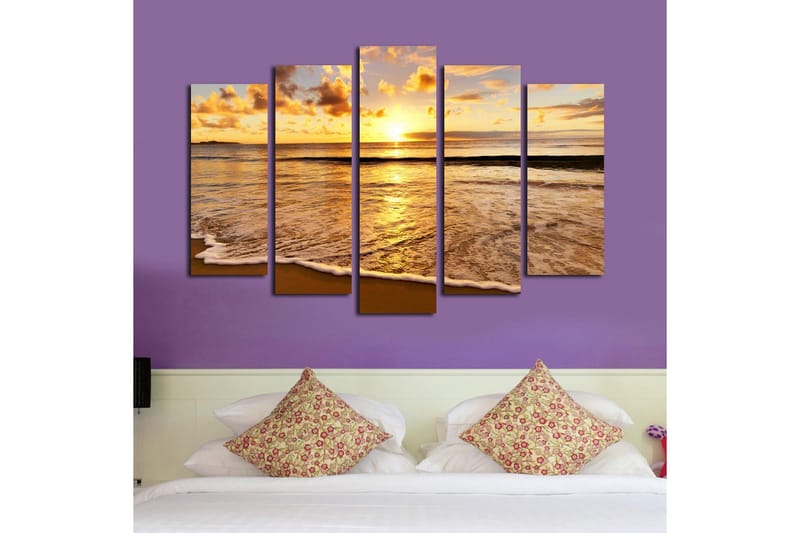 Stor Canvastavla i 5 delar 105x70 cm - Solnedgång över havet med reflektioner på vattnet - Guld / Orange / Blå - Inredning & dekor - Tavlor & konst - Canvastavla