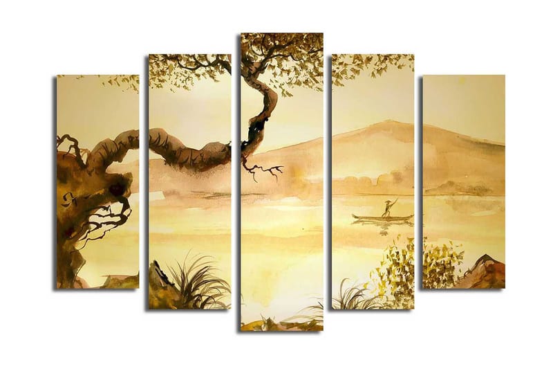 Stor Canvastavla i 5 delar 105x70 cm - Stämningsfull landskapsvy med en fiskare i kanot vid en stilla sjö - Guldbrun / Ljusbeige / Mörkbrun - Inredning & dekor - Tavlor & konst - Canvastavla