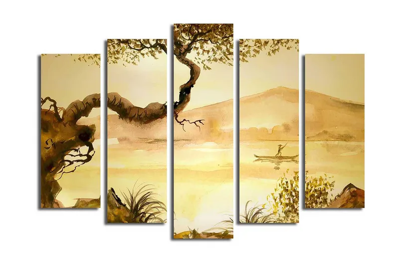 Stor Canvastavla i 5 delar 105x70 cm - Stämningsfull landskapsvy med en fiskare i kanot vid en stilla sjö - Guldbrun / Ljusbeige / Mörkbrun - Inredning & dekor - Tavlor & konst - Canvastavla