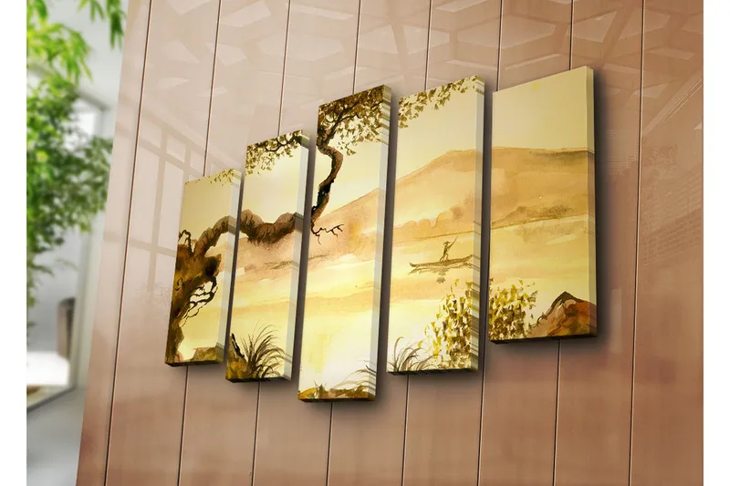 Stor Canvastavla i 5 delar 105x70 cm - Stämningsfull landskapsvy med en fiskare i kanot vid en stilla sjö - Guldbrun / Ljusbeige / Mörkbrun - Inredning & dekor - Tavlor & konst - Canvastavla