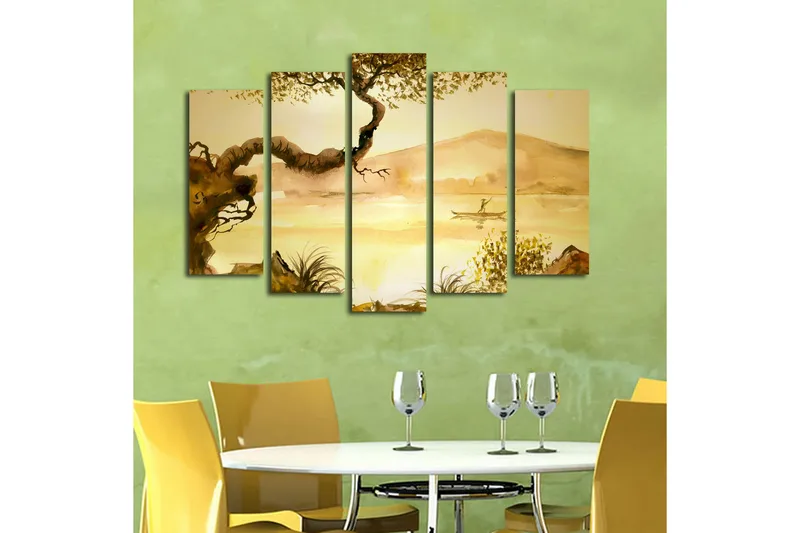 Stor Canvastavla i 5 delar 105x70 cm - Stämningsfull landskapsvy med en fiskare i kanot vid en stilla sjö - Guldbrun / Ljusbeige / Mörkbrun - Inredning & dekor - Tavlor & konst - Canvastavla