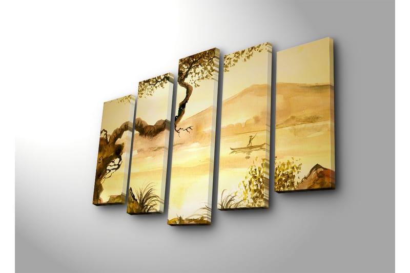 Stor Canvastavla i 5 delar 105x70 cm - Stämningsfull landskapsvy med en fiskare i kanot vid en stilla sjö - Guldbrun / Ljusbeige / Mörkbrun - Inredning & dekor - Tavlor & konst - Canvastavla