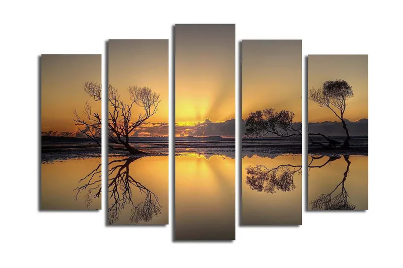 Stor Canvastavla i 5 delar 105x70 cm - Stämningsfull solnedgång med silhuetter av träd vid vattnet - Guld / Svart - Inredning & dekor - Tavlor & konst - Canvastavla