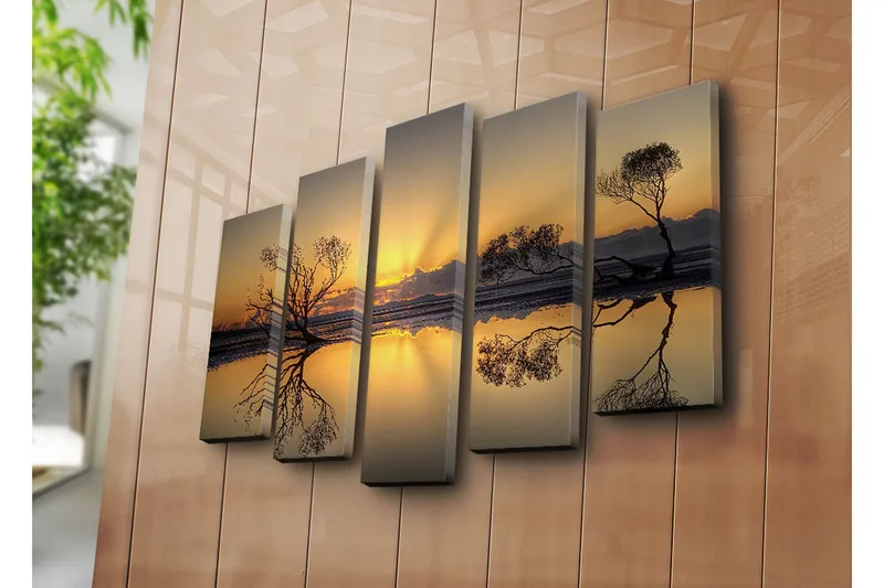 Stor Canvastavla i 5 delar 105x70 cm - Stämningsfull solnedgång med silhuetter av träd vid vattnet - Guld / Svart - Inredning & dekor - Tavlor & konst - Canvastavla