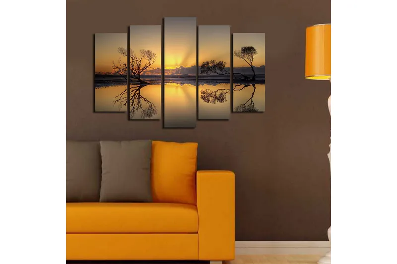 Stor Canvastavla i 5 delar 105x70 cm - Stämningsfull solnedgång med silhuetter av träd vid vattnet - Guld / Svart - Inredning & dekor - Tavlor & konst - Canvastavla