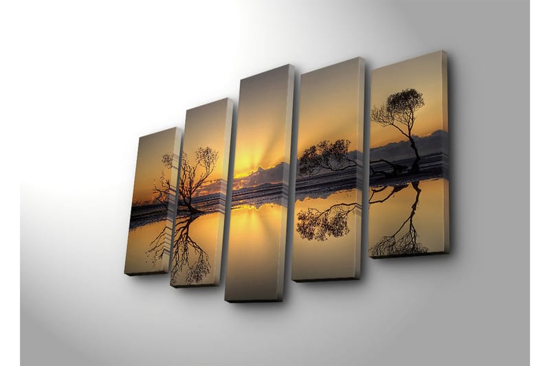Stor Canvastavla i 5 delar 105x70 cm - Stämningsfull solnedgång med silhuetter av träd vid vattnet - Guld / Svart - Inredning & dekor - Tavlor & konst - Canvastavla
