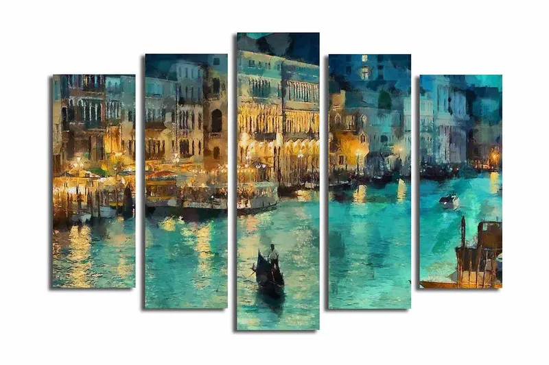 Stor Canvastavla i 5 delar 105x70 cm - Stämningsfull vy av en kanal med gondoler i kvällsbelysning - Turkos / Guld / Mörkblå - Inredning & dekor - Tavlor & konst - Canvastavla