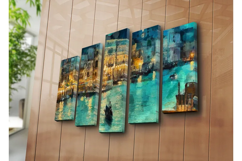 Stor Canvastavla i 5 delar 105x70 cm - Stämningsfull vy av en kanal med gondoler i kvällsbelysning - Turkos / Guld / Mörkblå - Inredning & dekor - Tavlor & konst - Canvastavla