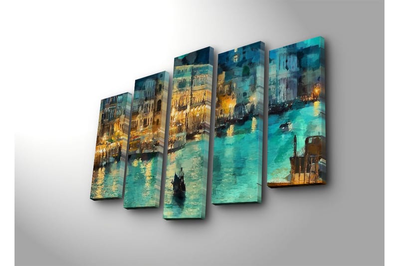 Stor Canvastavla i 5 delar 105x70 cm - Stämningsfull vy av en kanal med gondoler i kvällsbelysning - Turkos / Guld / Mörkblå - Inredning & dekor - Tavlor & konst - Canvastavla