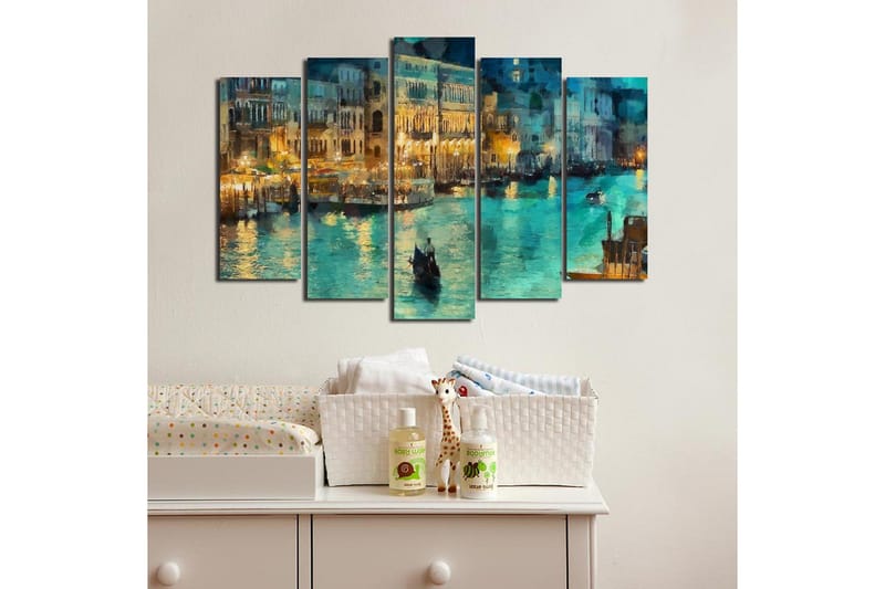 Stor Canvastavla i 5 delar 105x70 cm - Stämningsfull vy av en kanal med gondoler i kvällsbelysning - Turkos / Guld / Mörkblå - Inredning & dekor - Tavlor & konst - Canvastavla