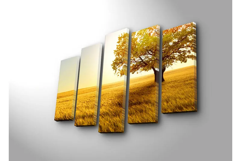 Stor Canvastavla i 5 delar 105x70 cm - Ståtlig ek i gyllene fält - Guld / Orange / Grön - Inredning & dekor - Tavlor & konst - Canvastavla