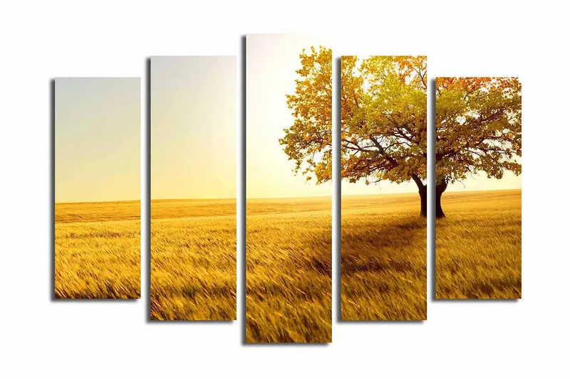Stor Canvastavla i 5 delar 105x70 cm - Ståtlig ek i gyllene fält - Guld / Orange / Grön - Inredning & dekor - Tavlor & konst - Canvastavla