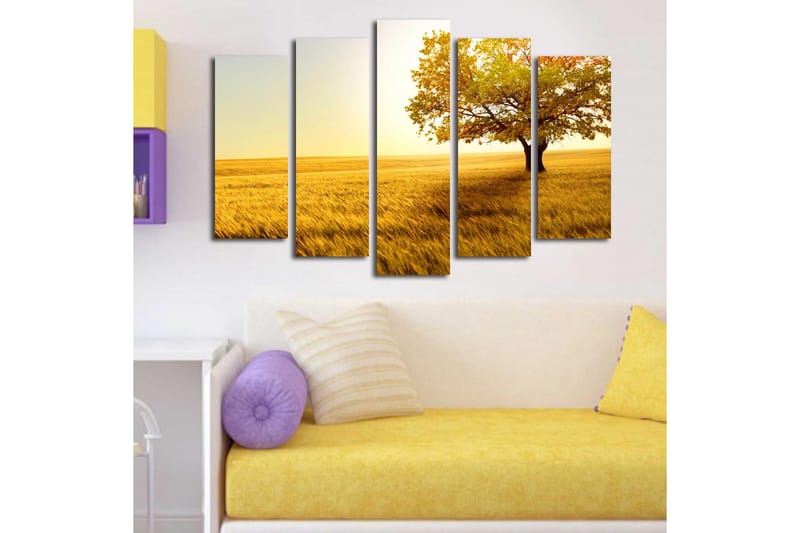 Stor Canvastavla i 5 delar 105x70 cm - Ståtlig ek i gyllene fält - Guld / Orange / Grön - Inredning & dekor - Tavlor & konst - Canvastavla