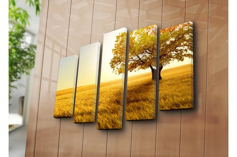 Stor Canvastavla i 5 delar 105x70 cm - Ståtlig ek i gyllene fält - Guld / Orange / Grön - Inredning & dekor - Tavlor & konst - Canvastavla