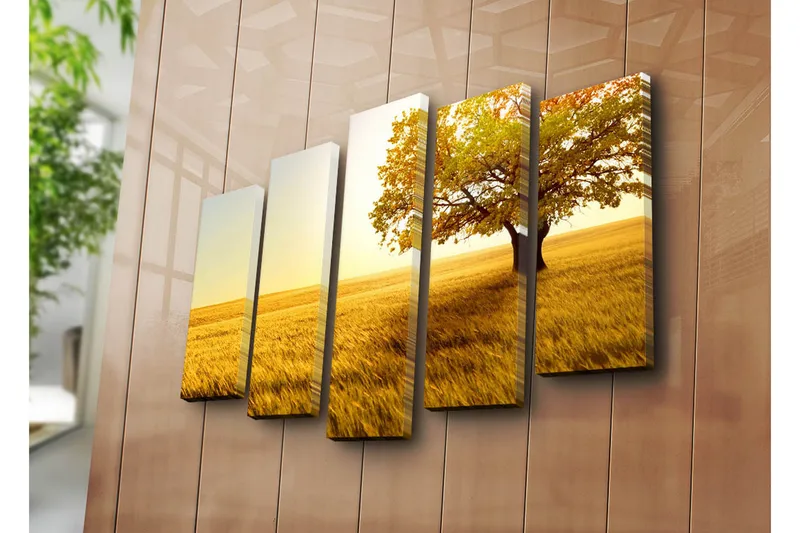 Stor Canvastavla i 5 delar 105x70 cm - Ståtlig ek i gyllene fält - Guld / Orange / Grön - Inredning & dekor - Tavlor & konst - Canvastavla