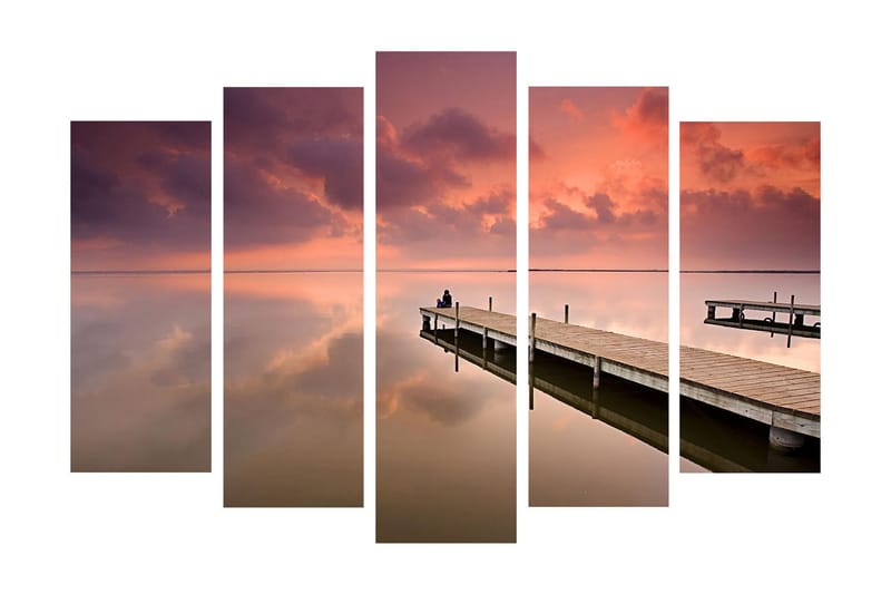 Stor Canvastavla i 5 delar 105x70 cm - Stillhet vid en brygga i solnedgångens ljus, Lila / Rosa / Beige