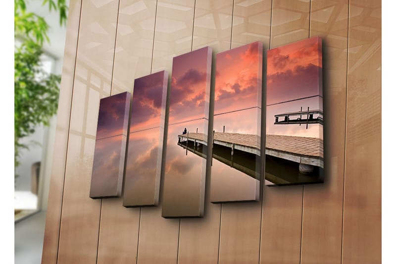 Stor Canvastavla i 5 delar 105x70 cm - Stillhet vid en brygga i solnedgångens ljus - Lila / Rosa / Beige - Inredning & dekor - Tavlor & konst - Canvastavla