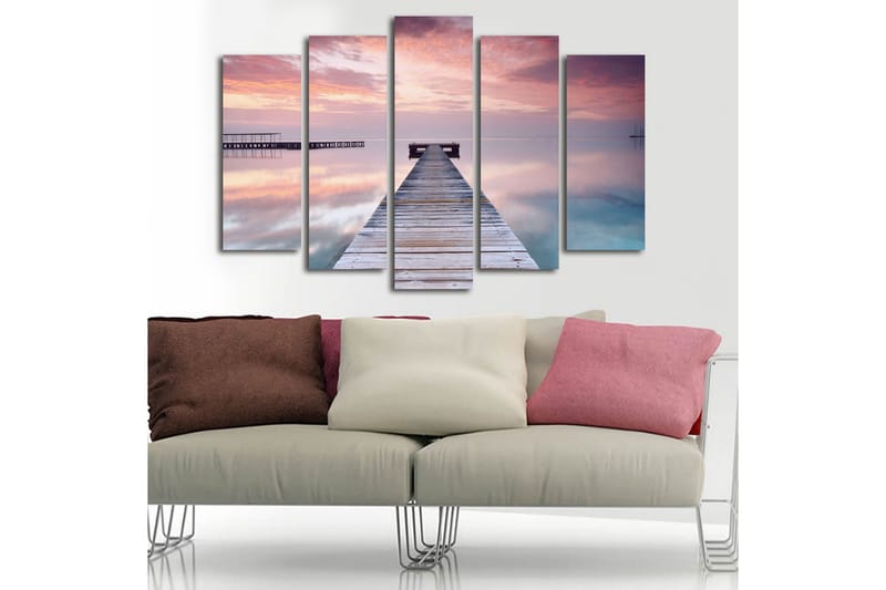 Stor Canvastavla i 5 delar 105x70 cm - Stillhet vid en brygga i solnedgångens mjuka ljus - Lila / Rosa / Blå - Inredning & dekor - Tavlor & konst - Canvastavla