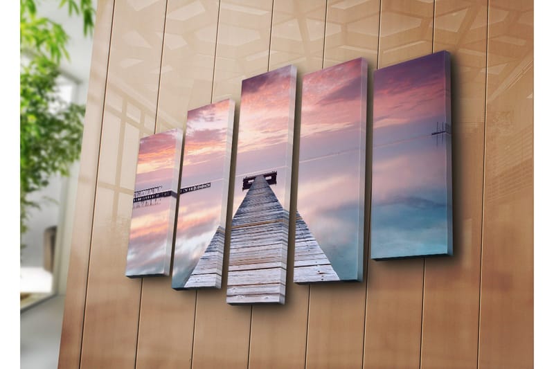 Stor Canvastavla i 5 delar 105x70 cm - Stillhet vid en brygga i solnedgångens mjuka ljus - Lila / Rosa / Blå - Inredning & dekor - Tavlor & konst - Canvastavla